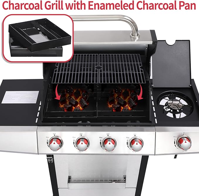 4-Burner Gas Grill with Side Burner, 49,000 BTU, Outdoor BBQ Grill with Cast Iron Grates, Griddle and Charcoal Pan, 3-in-1 Convertible Cooking, Easy-Clean System & Side Shelves