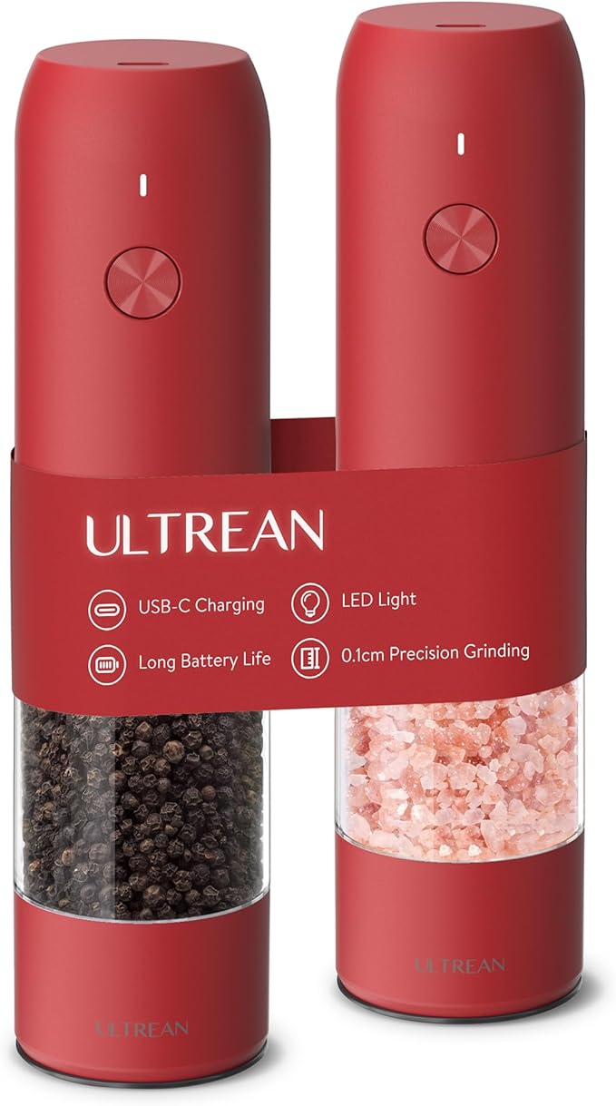 Ultrean Electric Pepper Grinder, Rechargeable Salt and Pepper Shakers with 6 Adjustable Coarseness, Automatic Grinder for Kitchen, LED Light, Red Christmas Gifts, Crimson Red