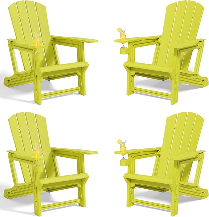 Adirondack Chairs Set of 4,Adirondack Chair with Cup Holders,Wooden Textured Plastic Fire Pit Chair,All-Weather Outdoor Patio Chairs for Lawn,Backyard Deck, Porch,400LBS Heavy-Duty,Yellow