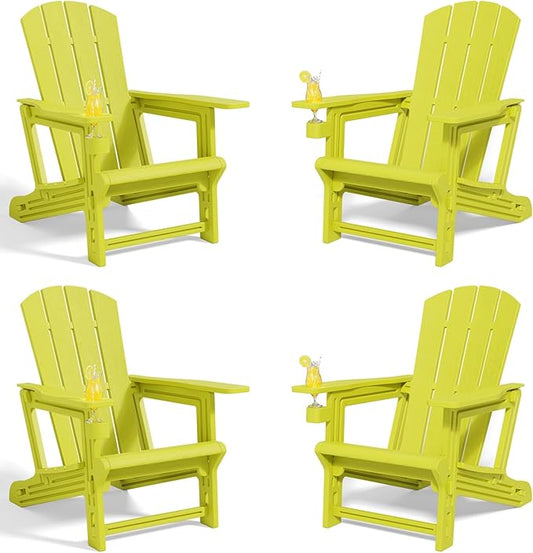 Adirondack Chairs Set of 4,Adirondack Chair with Cup Holders,Wooden Textured Plastic Fire Pit Chair,All-Weather Outdoor Patio Chairs for Lawn,Backyard Deck, Porch,400LBS Heavy-Duty,Yellow