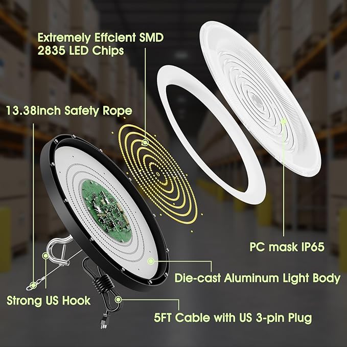 8 Pack LED High Bay Lights 200W 5000K AC110V-130V with US Plug - 20000 LM Commercial Bay Lighting for Barn Warehouse Garage