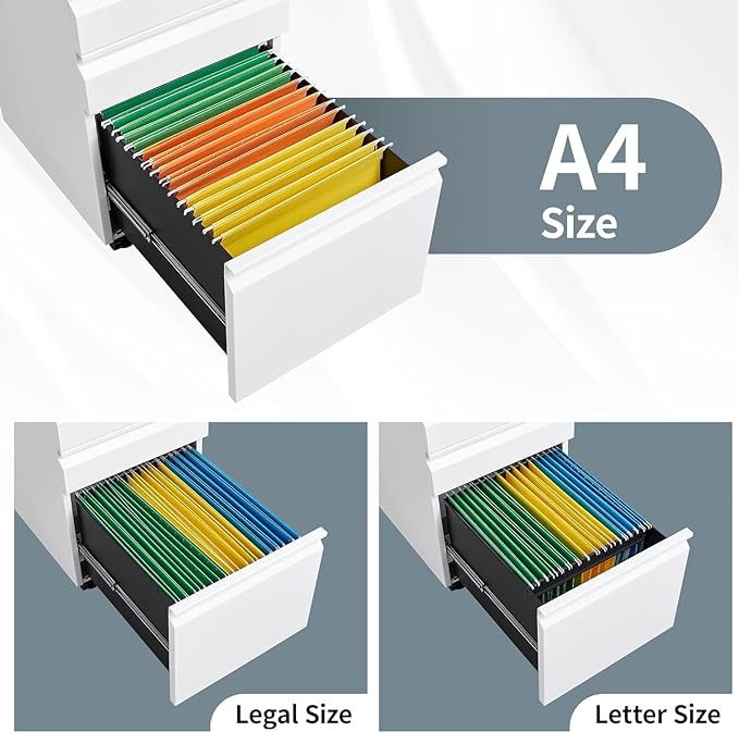 3 Drawer File Cabinet with Lock, File Cabinets for Home Office,Under Desk Cabinet, Locking File Cabinet for A4/Letter/Legal, Fully Assembled Expect Casters, Matte White