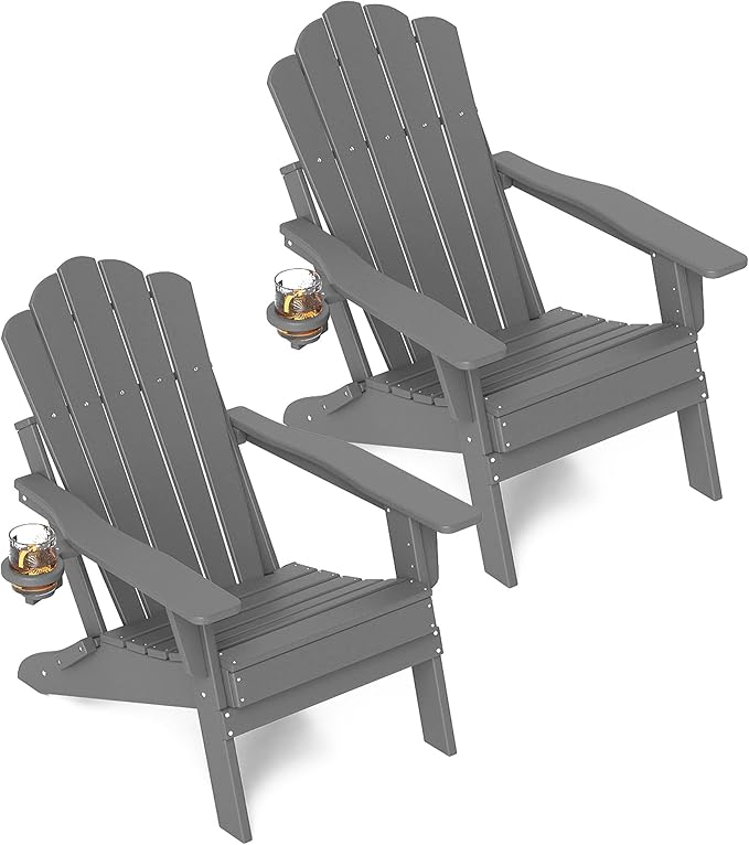 FOOWIN Adjustable Adirondack Chair Set of 2, Folding Adirondack Chair with Cup Holder, HDPE All-Weather Fire Pit Chair with 3 Recline Positions, Suitable for Patio, Garden, Backyard, Poolside, Grey