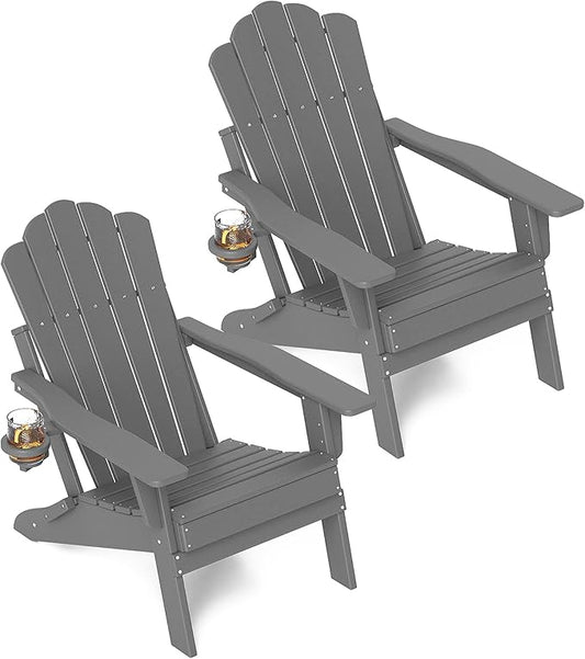 FOOWIN Adjustable Adirondack Chair Set of 2, Folding Adirondack Chair with Cup Holder, HDPE All-Weather Fire Pit Chair with 3 Recline Positions, Suitable for Patio, Garden, Backyard, Poolside, Grey