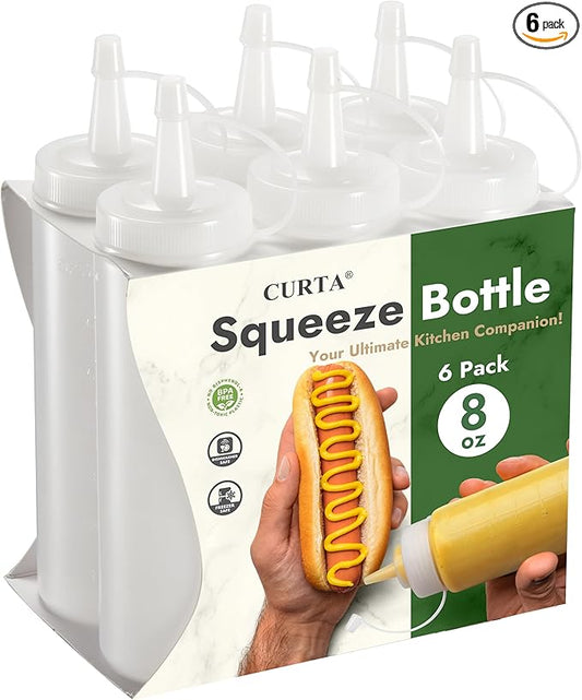 CURTA 6-Pack 8 oz Clear Squeeze Bottle with Cap, BPA-Free Easy-to-Squeeze Plastic Condiment Dispenser with oz & ml Markings for Sauce, Oil, Dressing, Dishwasher Safe, White