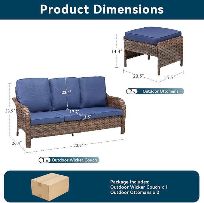 All Weather Wicker Patio Couch Set, Modern 3-Seater PE Wicker Outdoor Sofa Set with 2 Ottomans, All-Weather Thick Cushions & Curved Backrest for Patio Balcony Deck （Blue/Brown