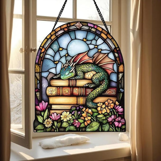 Book Dragon Christmas Ornament Bookish Acrylic Suncatcher Stained Glass Effect Window Hanging for Book Lover Fantasy Reading Nook Decor Gift for Librarian Readers