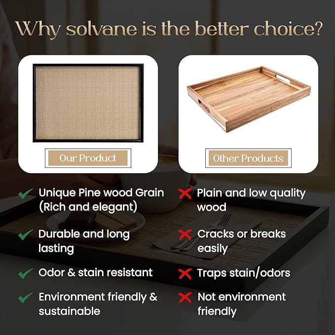 Solvane Wooden Serving Tray in Black – 15x11in Rectangular Ottoman & Coffee Table Tray, Decorative Wood Tray with PU Leather Base for Living Room, Kitchen, Bathroom & Vanity