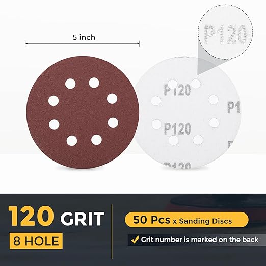 HARFINGTON 50 Pcs 5 Inch Sanding Discs, 120 Grit Hook and Loop Sandpaper, 8-Hole Aluminum Oxide Round Sanding Paper for Woodworking Automotive Metal Polishing, Red