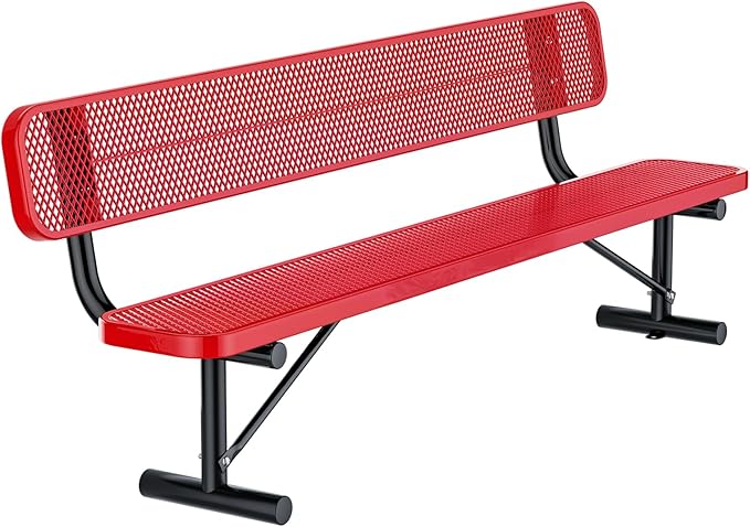 Heavy Duty Park Bench for Outside, Metal Park Bench with Back Portable Frame, Outdoor Steel Mesh Garden Bench with Backrest for Garden, Lawn, Patio, Porch, Park, Yard (Red, 6FT/73INCH)