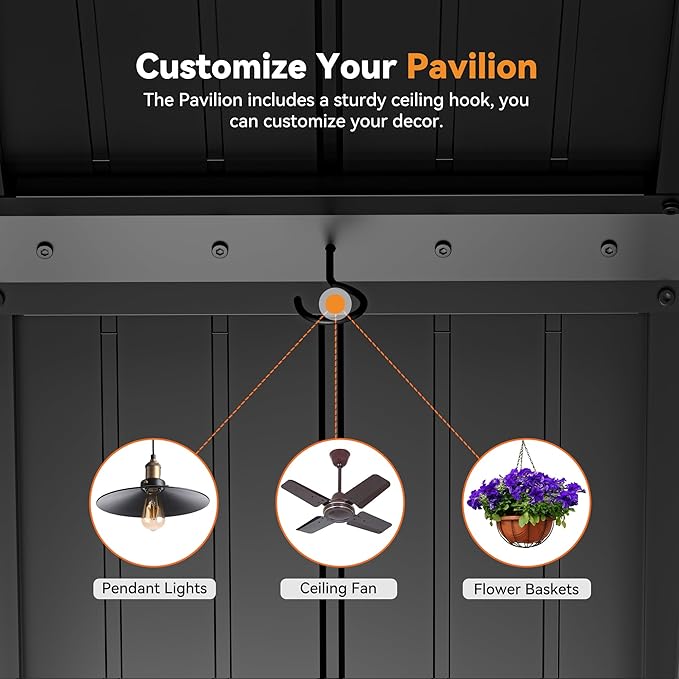 Modern Shade The Horizon Permanent Hardtop Gazebo 12' x 24' with 4 LED Lights, Outdoor Gazebo w/Galvanized Steel Double Roof, Patio Pavilion w/Decor Hooks, Mosquito Netting and Curtains, Wood Grain
