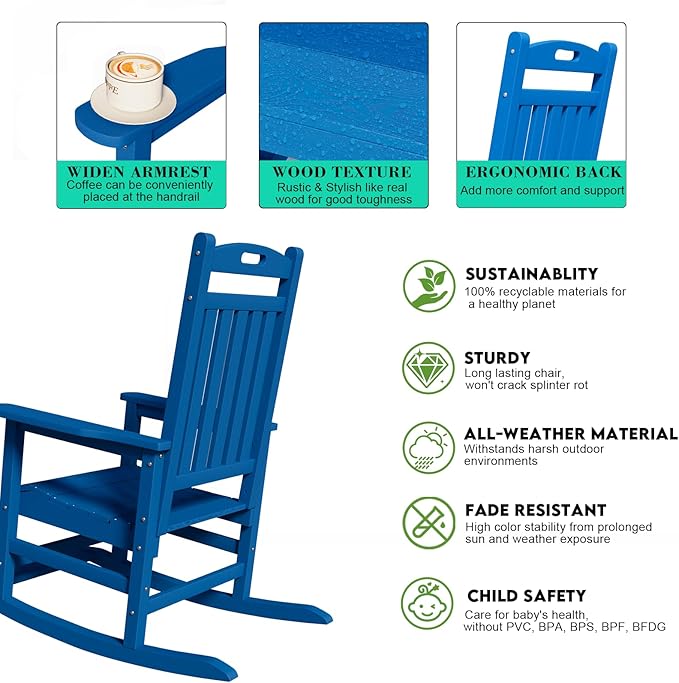 Outdoor Rocking Chair, HDPE Patio Rocking Chairs with Footboard, All Weather Porch Rockers Outdoor for Adult, Effortless Installation, Navy