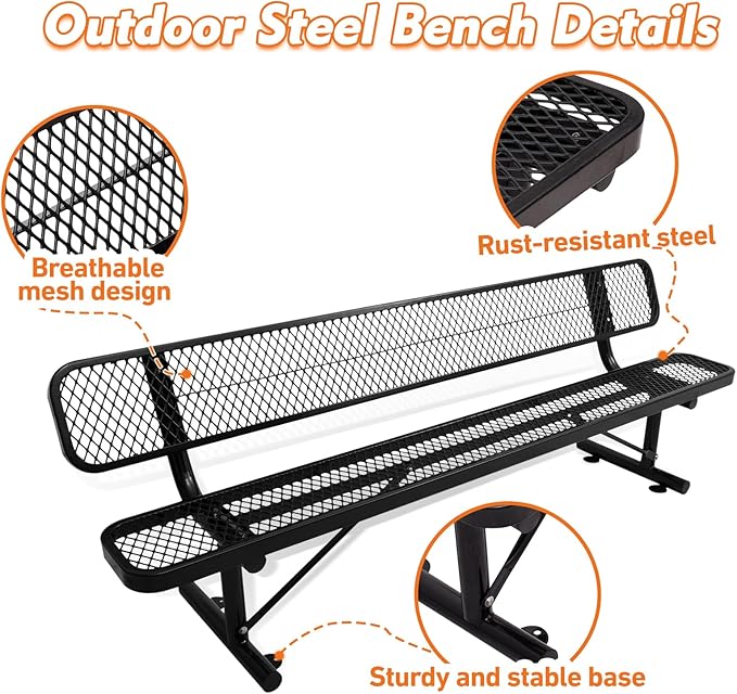 6Ft Outdoor Bench with Back Portable Frame, Outdoor Steel Park Bench with Backrest, Expanded Metal Mesh Bench for Outside, Lawn, Backyard, Park, Deck, Garden, Patio, Porch, Black