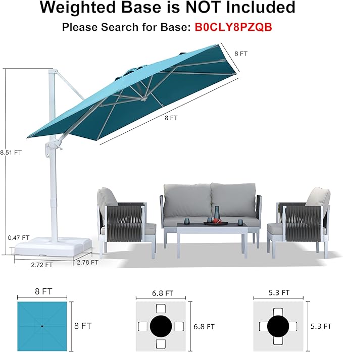 PURPLE LEAF 8 FT Patio Umbrella White Cantilever Umbrella Aluminum Square Outdoor Offset Umbrella Hanging Windproof with 360° Rotation for Garden Deck Pool, Turquoise