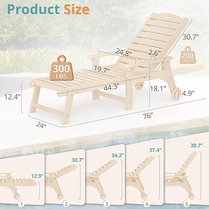 LUE BONA Outdoor Chaise Lounge Chairs Set of 4, HDPS Chaise Lounger, 5 Positions Adjustable Lounge Chairs, Pool Lounge Chair with Wheels for Poolside, 3 Year Warranty, Sand