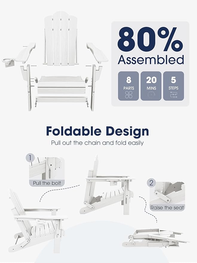 KINGYES Folding Adjustable Adirondack Chair, All Weather Resistant Reclining Adirondack Chair with Cup Holder, HDPE Folding Adirondack Chairs, White