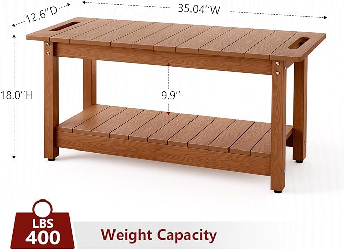 Stoog 35.5" Large Shower Bench, Waterproof Shower Stool with Storage Shelf and Handles, Adjustable and Non-Slip Feet, Shower Chair for Inside Shower, Brown