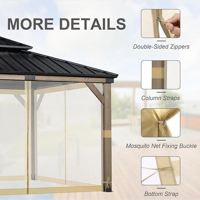 BPS 10' x 10' Gazebo Universal Mosquito Netting Screen Replacement, 4-Panel Screen Walls with Double Zippers for Outdoor Patio, Khaki (Mosquito Net Only)