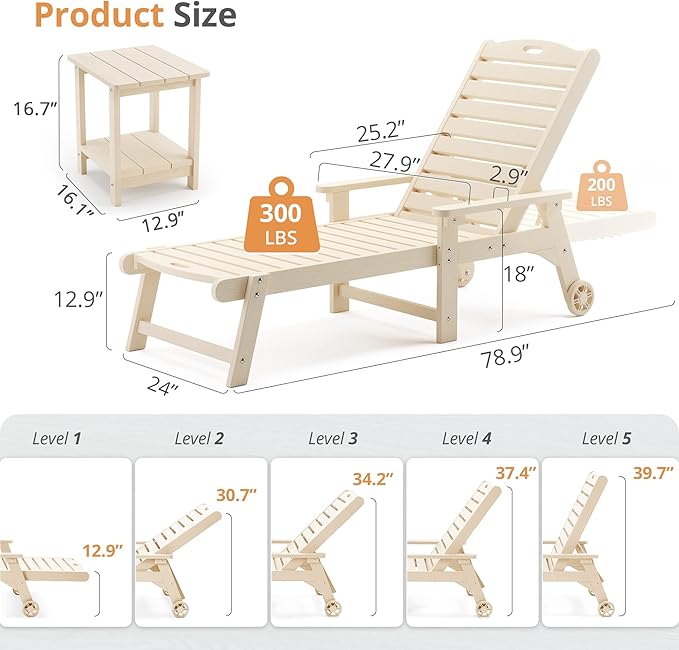 LUE BONA Chaise Lounge Chair with Table, 2-Piece, 79'' Oversized HDPS Chaise Lounger, 5 Positions Adjustable Lounge Chairs, Pool Lounge Chair with Wheels for Poolside, Backyard, 3 Year Warranty, Sand