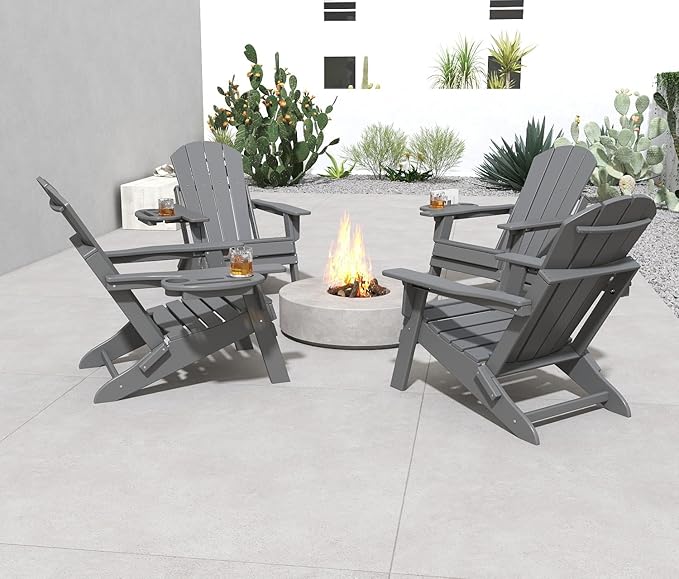 FOOWIN Folding Adjustable Adirondack Chair,HDPE Adirondack Chair w/4 in 1 Cup Holder Trays,All-Weather Resistant Fire Pit Chair, Outdoor Chair for Patio Lawn Poolside,400lbs,Dark Grey