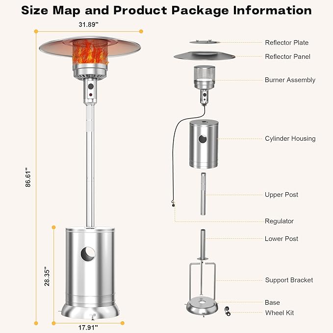 50,000 BTU Stainless Steel Propane Patio Heater, Double-Layer Burner with Round Table Design, Outdoor Space Heater with Wheels for Garden, Patio & Residential Use