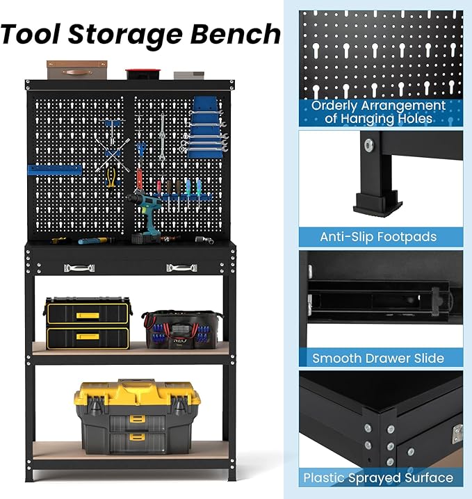 Goplus Workbench, Work Table with Drawer, Pegboard, Hanging Accessories, Topping Space, 4-Tier Heavy Duty Metal Tool Storage Bench, Work Benches for Garage, Workshop (Blue, 32" x 16" with Drawer)