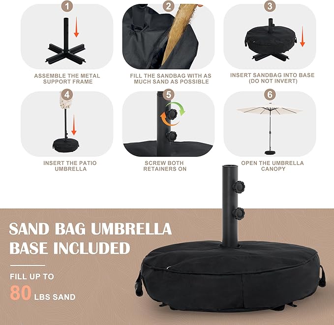 Sundale Outdoor Olefin 5-Year-Non-Fading Solar 104 LED 11FT Solar Patio Umbrella with Sand Bag Base, Outdoor Umbrella with Tilt and Crank, Beige