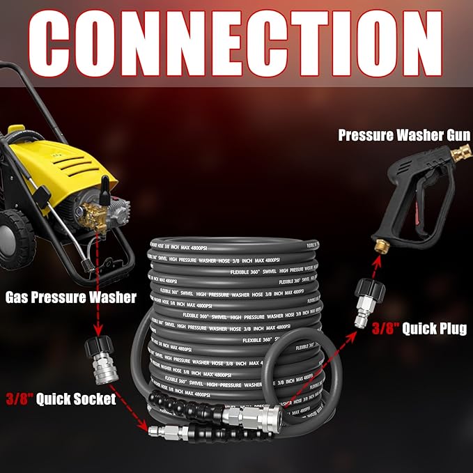 Kink-Resistant 3/8" Pressure Washer Hose 4800PSI(150FT),Steel Wire Braided Wear Resistant Rubber for Commercial, Industrial and Residential Use,Hot&Cold Water Hose with 3/8" Quick Connect