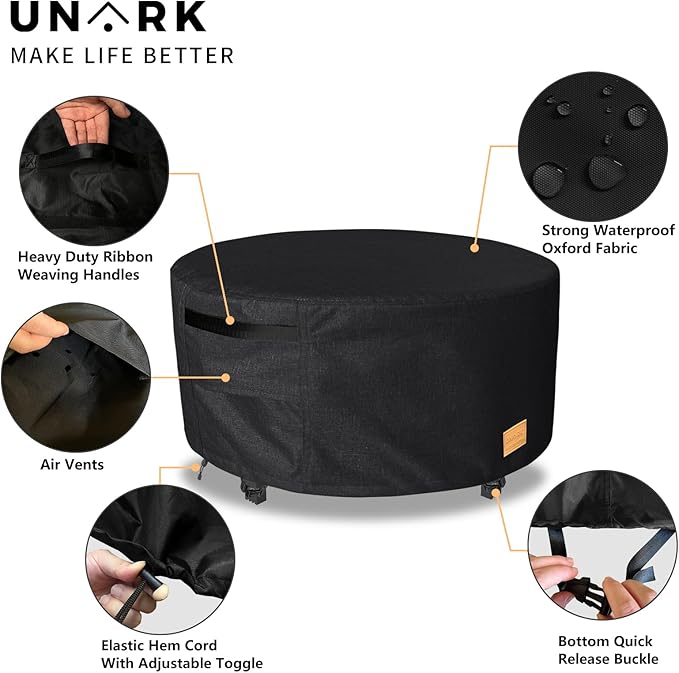 Fire Pit Cover Round 50 inch,Waterproof 600D Heavy Duty Patio Fire Pit Cover,Outdoor Round Gas Fire Pit/Table Cover,50” Dia X 24”H,Black