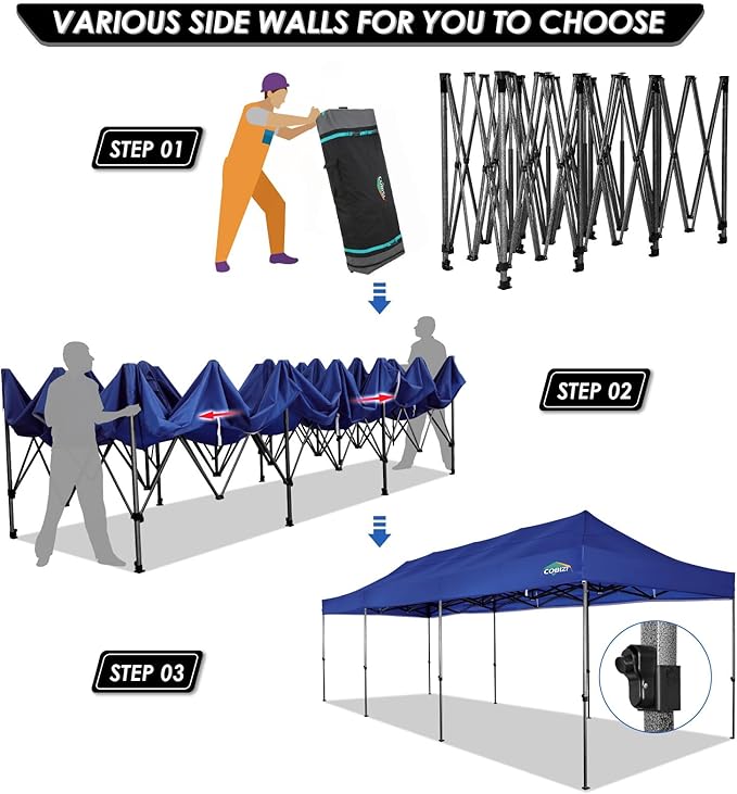 COBIZI 10x30 Heavy Duty Pop up Canopy with 8 sidewalls Stable Wedding Outdoor Tents for Parties Canopy Pop Up Party Tent UPF 50+ Waterproof Commercial Gazebo with Roller Bag, Navy Blue Upgraded