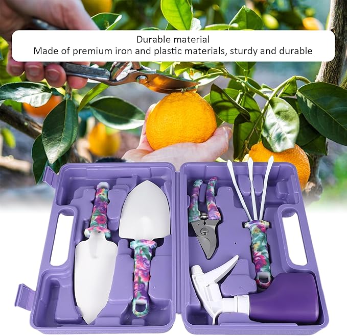 5 Piece Garden Tool Set, Includes Cultivator Rake and Shovels, Branch Scissors with Spray Can, for Indoor and Outdoor Planting, Purple Storage Container.