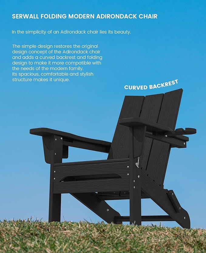 SERWALL Adirondack Chair Set of 6 with Dual Cup Holders, Folding Modern Adirondack Chairs, HDPE Outdoor Adirondack Chair for Patio, Black