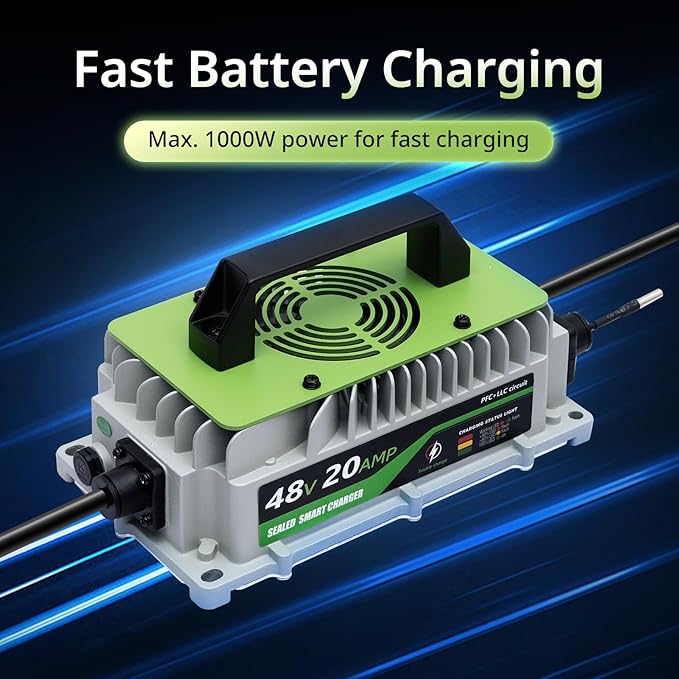20 AMP 48 Volt Golf Cart Battery Charger 48V Lithium Battery Charger LiFePO4 Charger for Club Cars RVs Boats Cars Forklift Truck 1000W IP65 Waterproof with Cooling Fan 2 Connectors