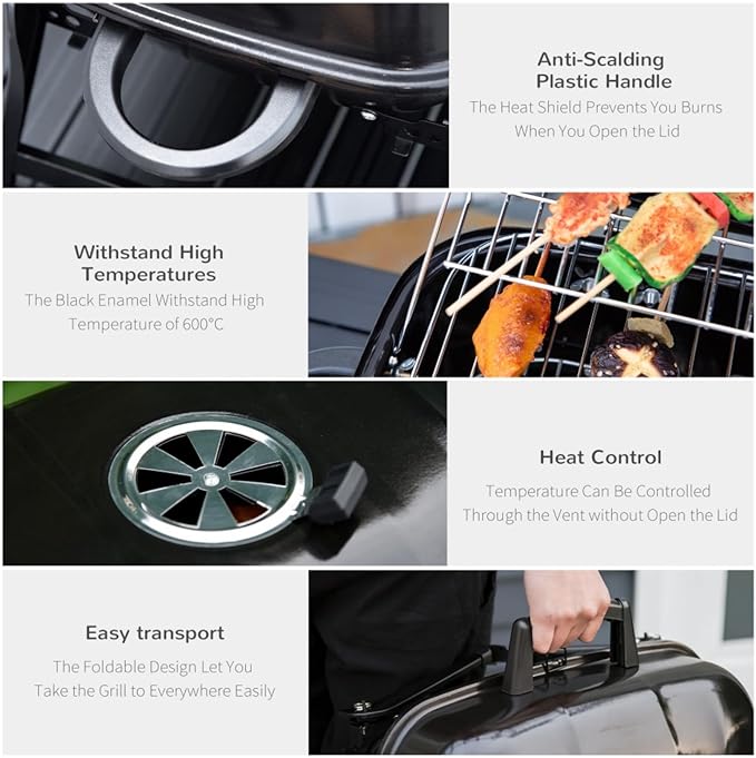 14" Portable Charcoal Grill for Outdoor Cooking, Tabletop BBQ Grill with Enamel Coating & Folding Legs,Compact Camping Grill for Tailgating, Picnics (Lightweight 8 Lbs, Black)