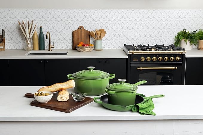 Larder & Vine 4-Piece Enameled Cast Iron Set, Oven Safe and Suitable for All Cooktops – includes 5.7 Quart Dutch Oven Pot with Lid and 2.2 Quart Saucepan with Lid (Okra)