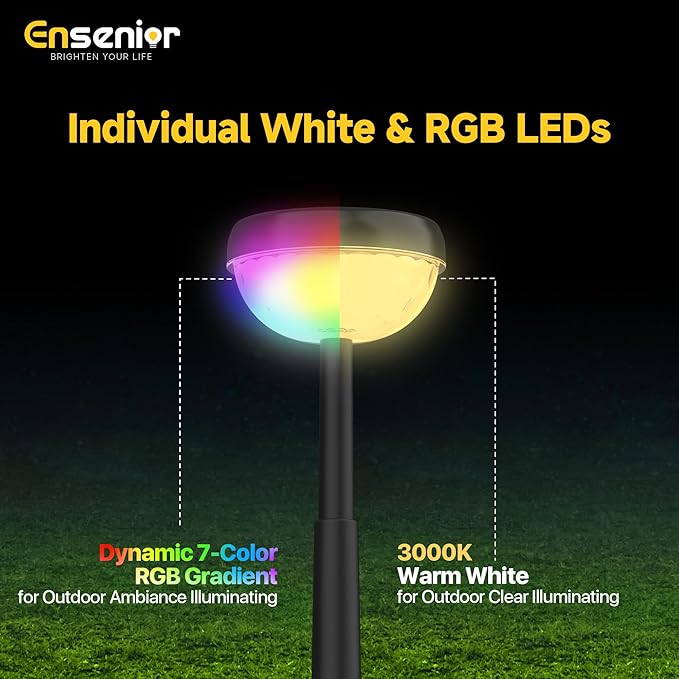 Ensenior Color Changing Solar Lights Outdoor, Auto ON/Off 3000K White Light & RGB LED Solar Garden Lights for Pathway, Yard, Patio, Waterproof, Energy-Efficient Landscape Lighting, 6-Pack