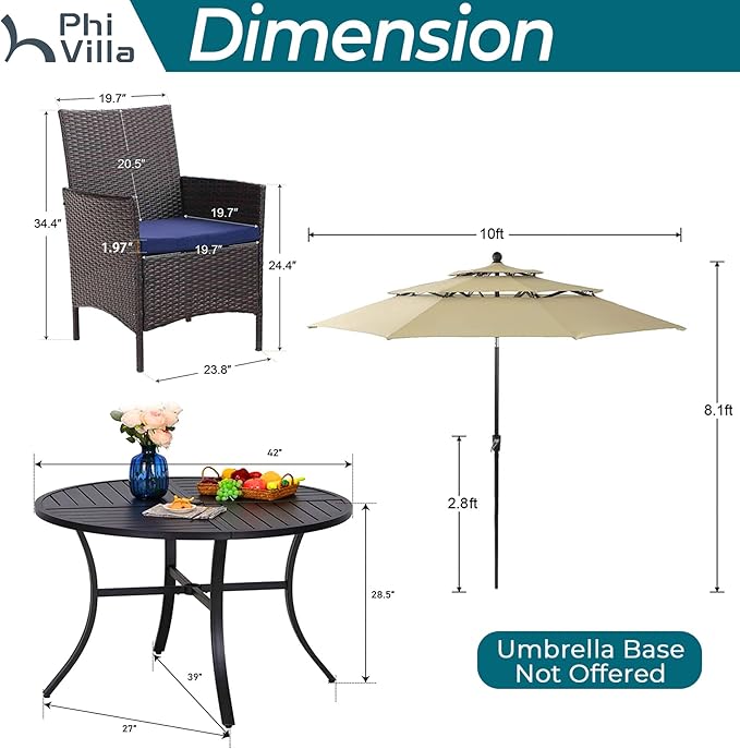 PHI VILLA 5 Piece Outdoor Dining Set with Umbrella for 4, Round Metal Steel Dining Table & Wicker Chairs with Cushions & Beige Umbrella, Modern Furniture for Patio, Deck, Yard, Porch