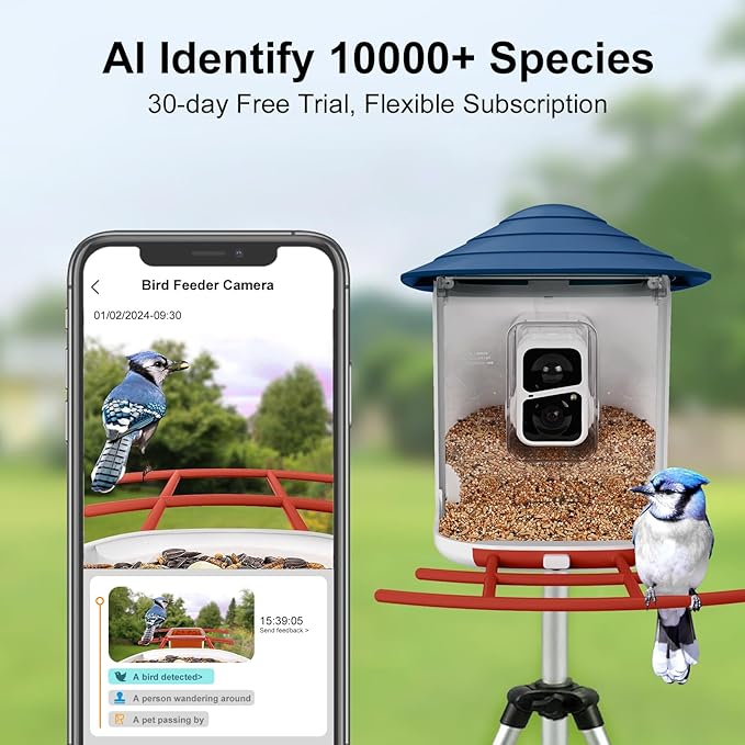 birdsnap® TUC Smart Bird Feeder with Camera 2K HD, Solar Panel 32GB Card 4-in-1 Perch, 160°View Auto Detect & Notify AI Identify Video Bird Camera Wireless Outdoors Ideal Gift for Birds Lover