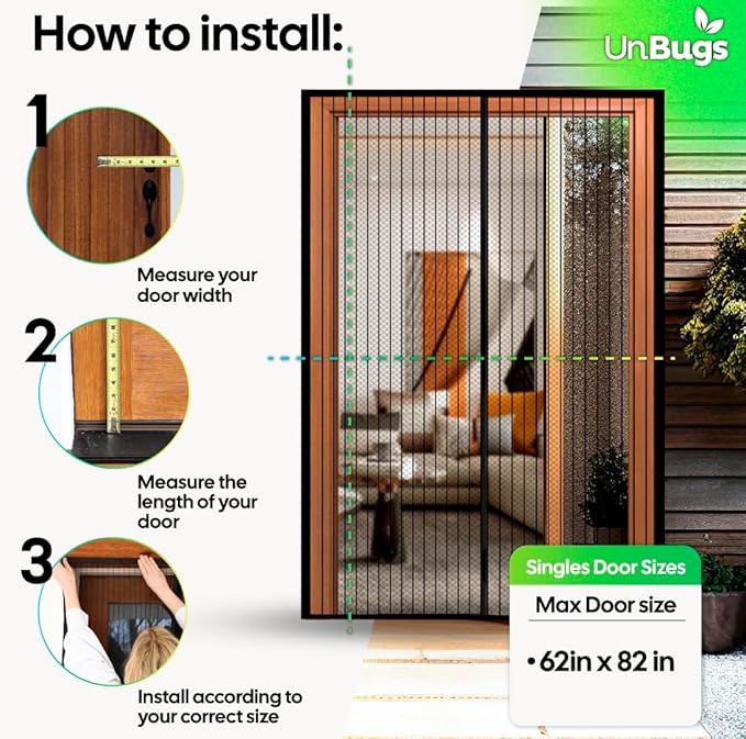 UnBugs Magnetic Screen Door - Fits French Door & Double Doors up to 62 x 82 Inches MAX - Pet & Kid Friendly, Self-Closing - Hands Free Magnet Closure Keeps Bugs Out & Breeze in