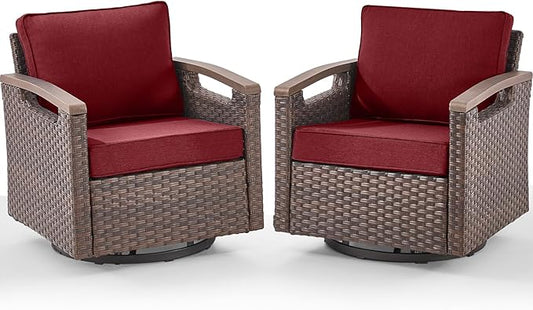 Rilyson Outdoor Patio Swivel Rocking Chairs Set of 2, All Weather Wicker, Metal Armrest, Deep Seating, Thick Comfortable Cushions, Ideal for Deck Porch Backyard, Brown/Red