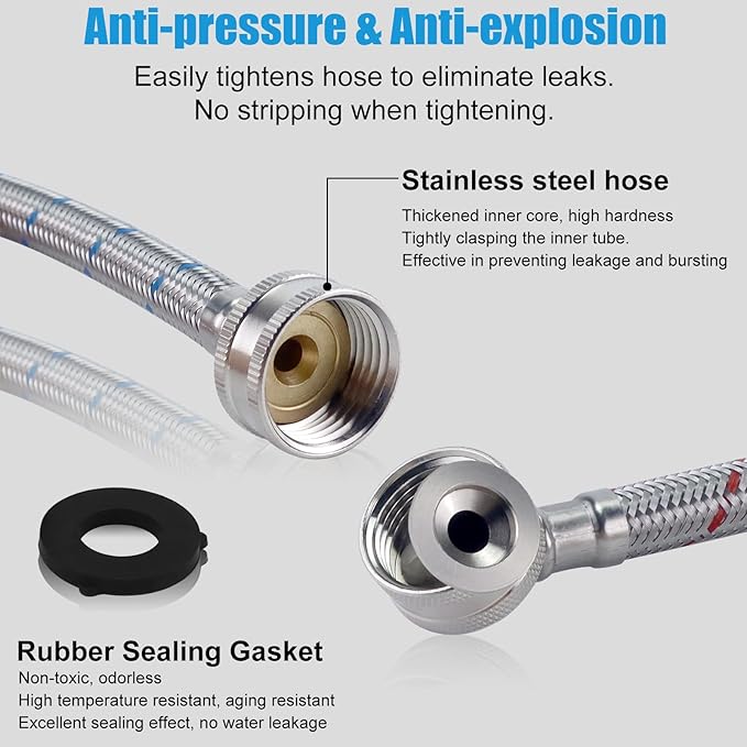 6FT Premium Stainless Steel Washer Hoses with 90 Degree Elbow No-lead Burst-Proof 3/4" NPT Connection Hot & Cold Water Inlet Supply Lines for Washer - 2 Pack by Fetechmate