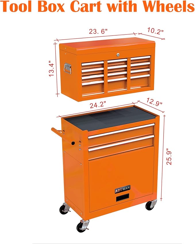 8 Drawers Rolling Tool Box Organizer,High Capacity Tool Chest with Wheels,Lockable Rolling Tool Chest with Bottom Cabinet, Tool Box Rolling Workshop Storage Cabinet (8 Drawers(Orange))