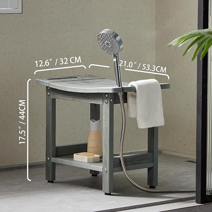 Waterproof Shower Stool for Inside Shower,Heavy Duty Bench for Shower, Plastic Bariatric Shower Bench with Handles & Shower Head Holder, Poly Lumber Shower Chair Seat with Storage Shelf (Gray)