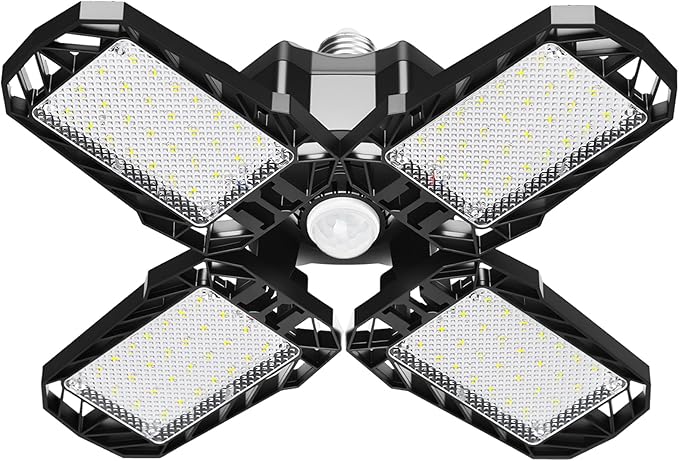 Motion Sensor Garage Light, 150W 15000LM 6500K LED Shop Lights, Garage Lights Ceiling Led with 4 Deformable Panels, Screw in E26 Socket Bulb for Warehouse, Workshop, Basement, Barn Lighting