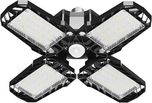 Motion Sensor Garage Light, 150W 15000LM 6500K LED Shop Lights, Garage Lights Ceiling Led with 4 Deformable Panels, Screw in E26 Socket Bulb for Warehouse, Workshop, Basement, Barn Lighting