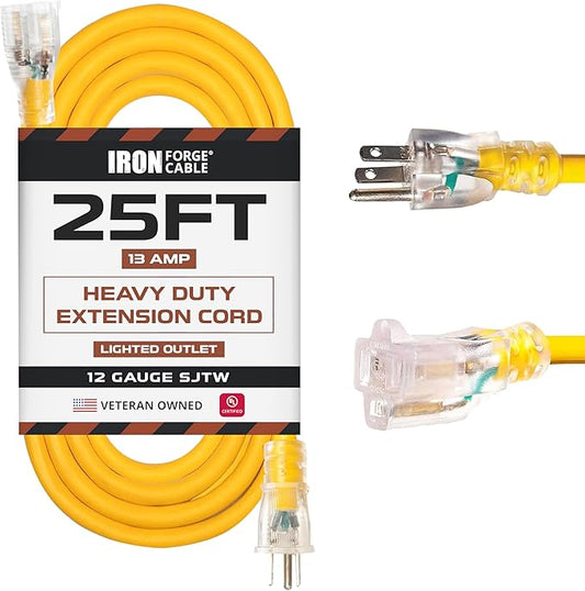 IRON FORGE CABLE 25 ft Lighted Outdoor Extension Cord - 12/3 SJTW Heavy Duty Yellow Extension Cable Extension Cable with 3 Prong Grounded Plug for Safety, 15AMP -Great for Garden and Major Appliances