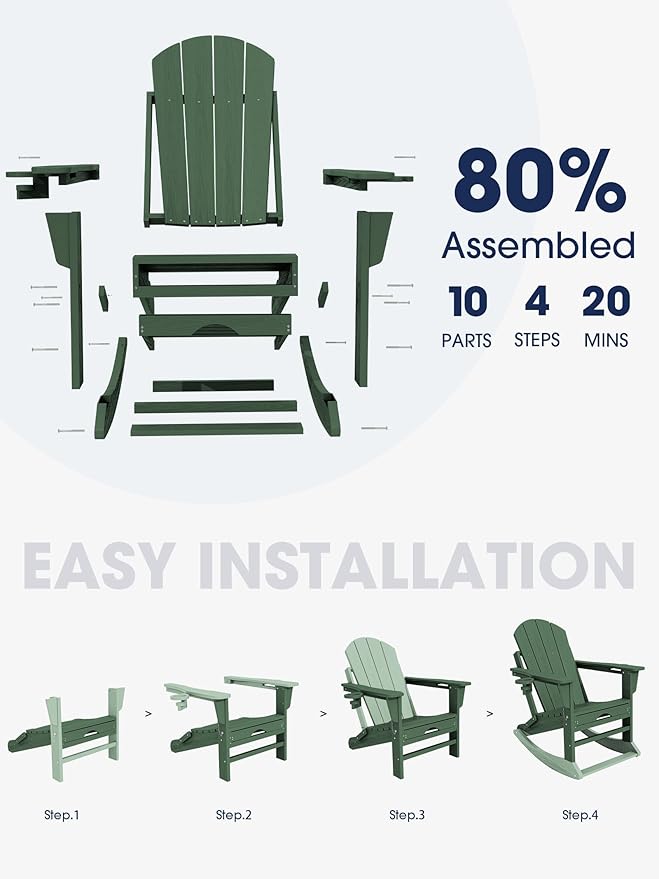 KINGYES Adirondack Rocking Chair Set of 4 with Retractable Ottoman and Cup Holders, HDPE Adirondack Rocker Patio Rocking Chair for Porch, Patio, Balcony, Green