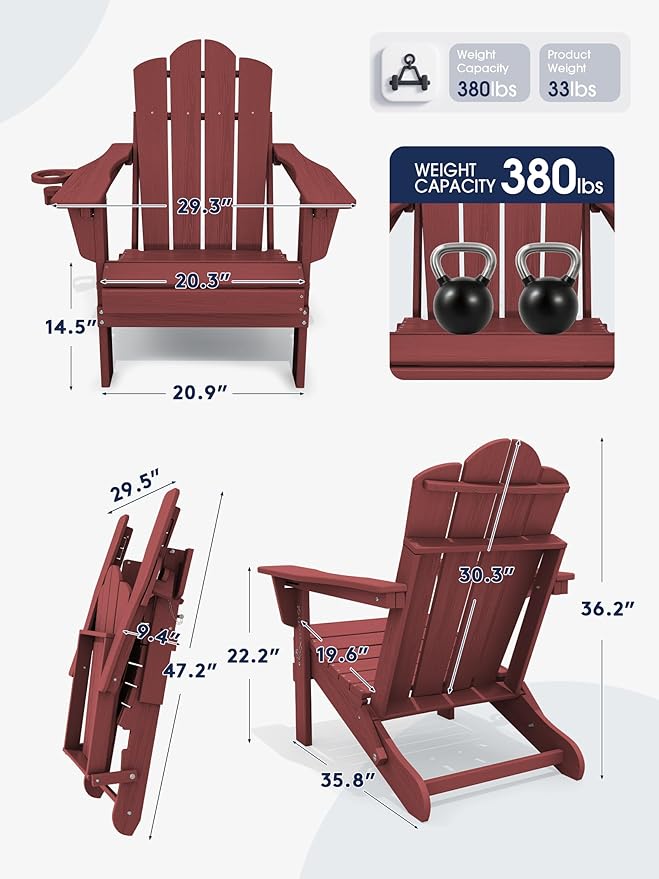 KINGYES Adjustable Folding Adirondack Chair, 3-Position Reclining Adirondack Chairs with Cup Holder, HDPE All-Weather Oversized Adirondack for Outdoor, Patio, Backyard Deck, Fire Pit, Red