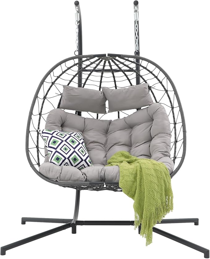 Patiorama 2 Person Double Egg Swing Chair with Stand Indoor Outdoor, Patio Wicker Rattan Hanging Egg Chair w/Cushion, Pillow, Foldable Hammock Chair 550lbs for Bedroom, Balcony, Garden (Light Grey)
