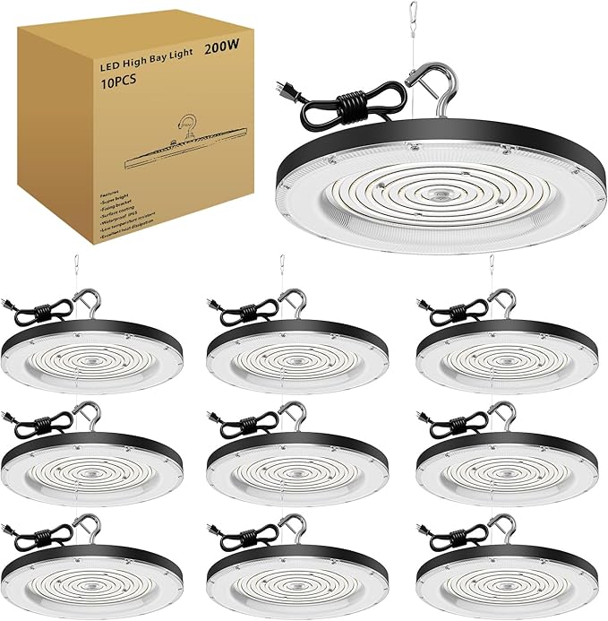 Zelvia 10 Pack LED High Bay Lights,200W 5000K AC110V-130V with US Plug - 20000 LM Commercial Bay Lighting for Barn Warehouse Garage